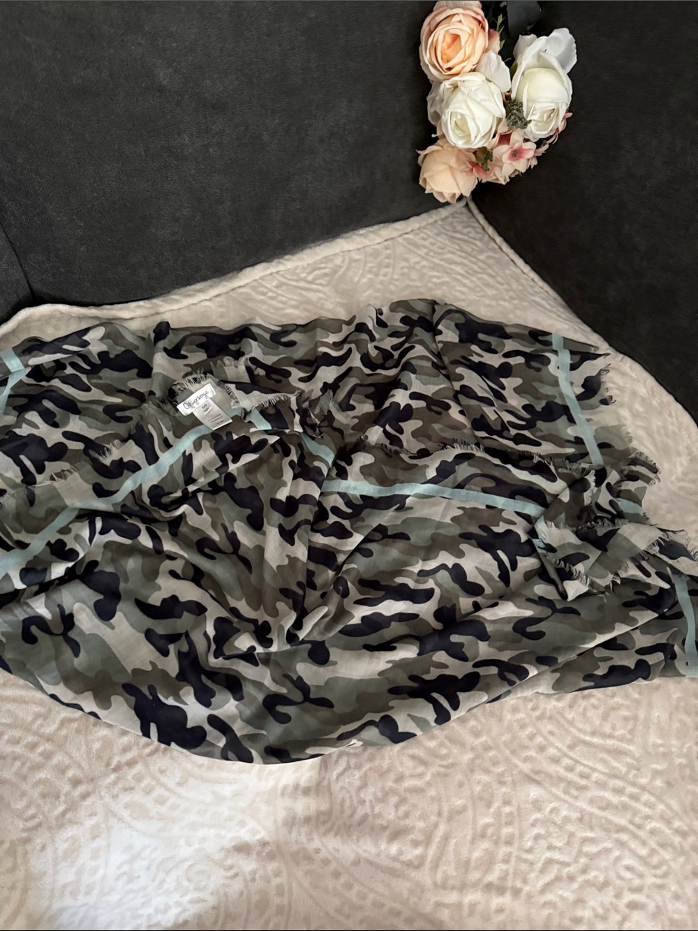 Olsenboye Camo Print Scarf in Olive, Black & Light Blue